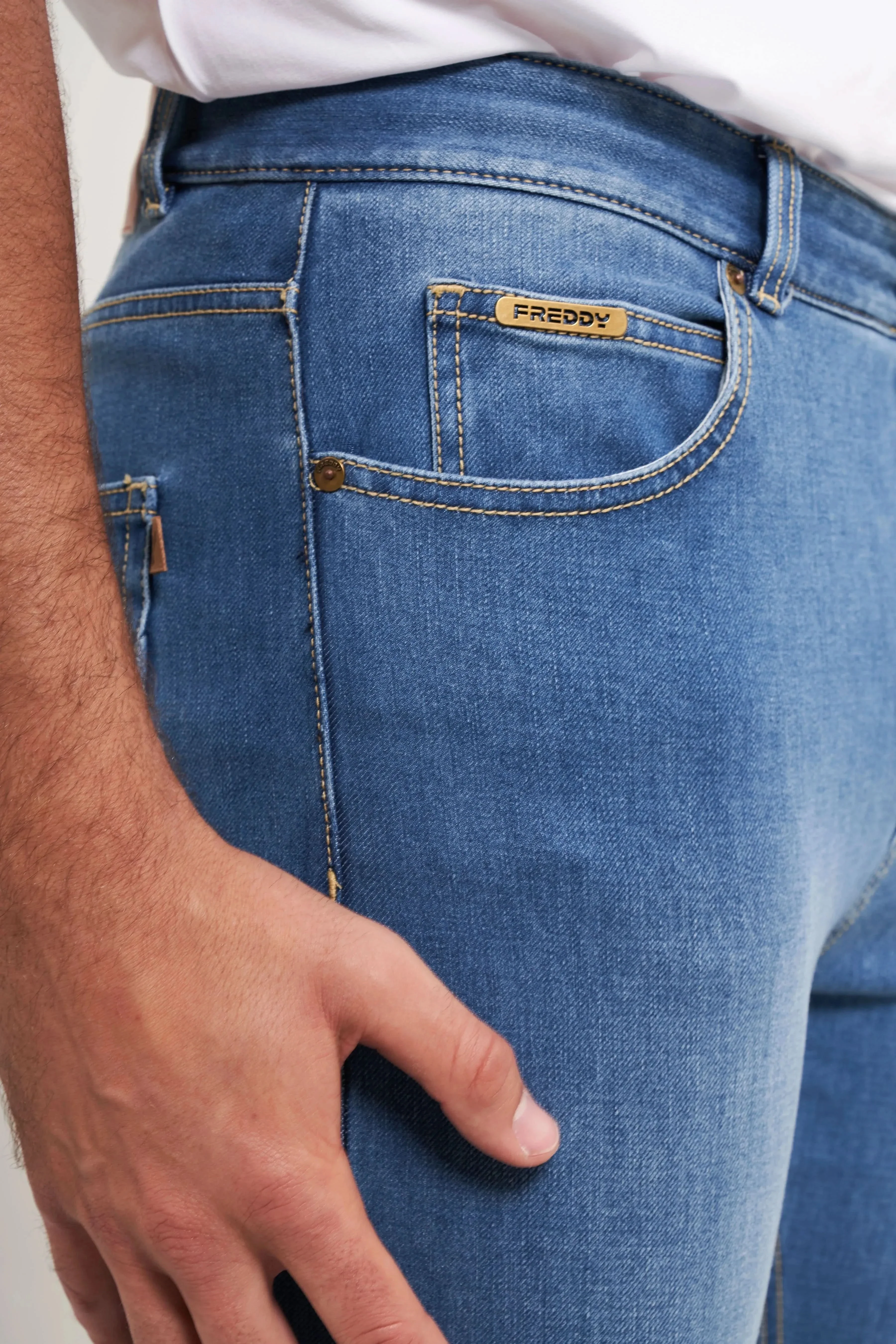 Freddy Men’s Jeans - Coastal Blue with Beige Stitching - Image 7