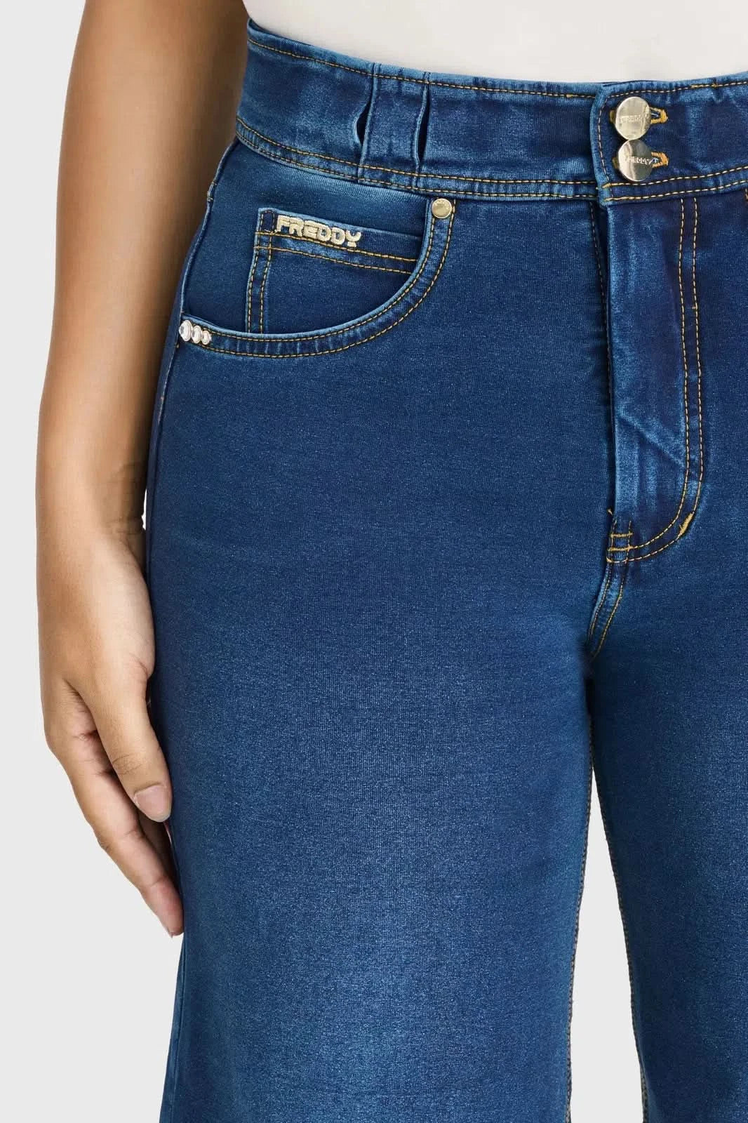 N.O.W® Denim Limited Edition - High Waisted - Wide Leg - Dark Blue + Yellow Stitching - Image 5