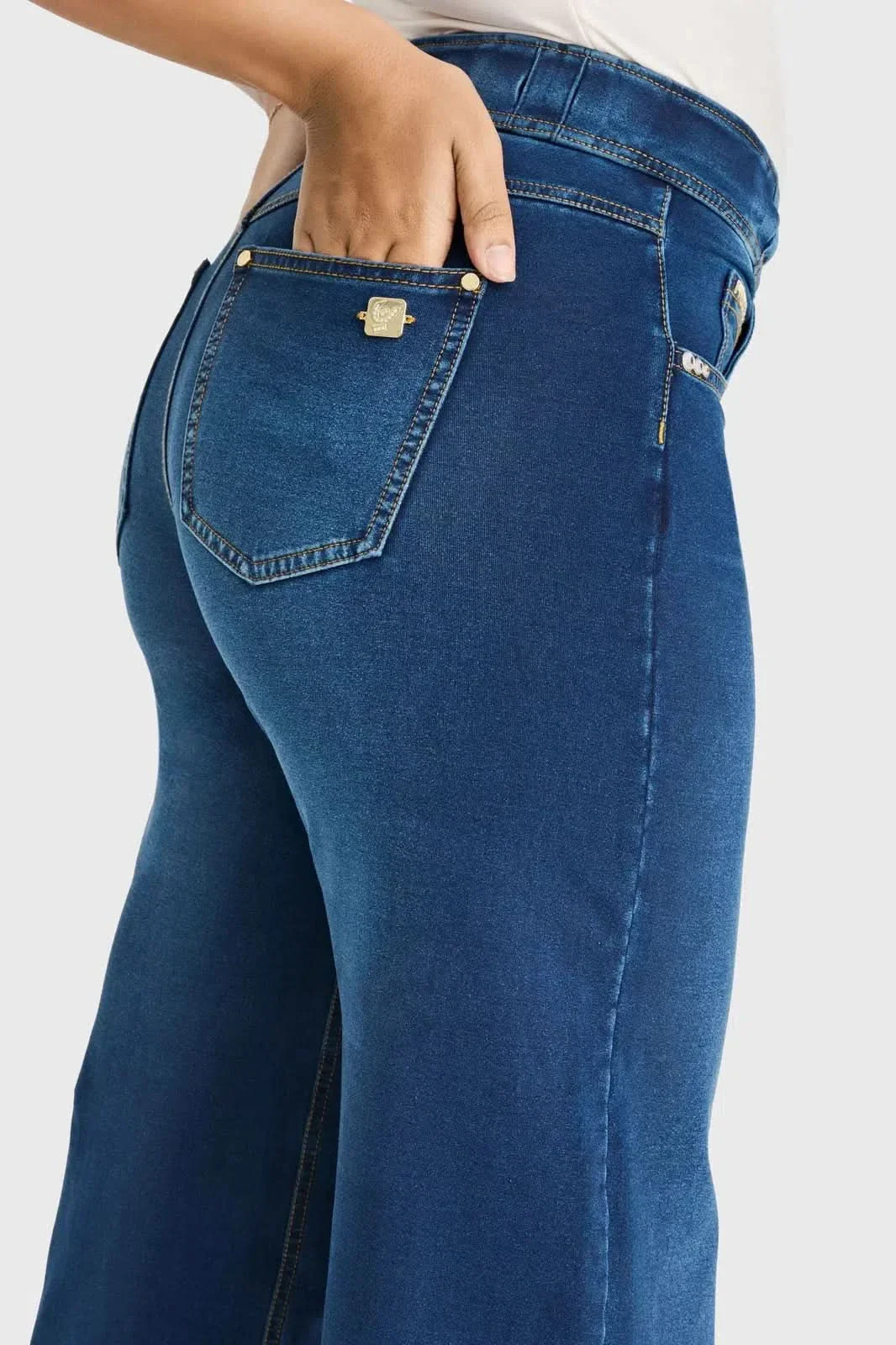 N.O.W® Denim Limited Edition - High Waisted - Wide Leg - Dark Blue + Yellow Stitching - Image 6