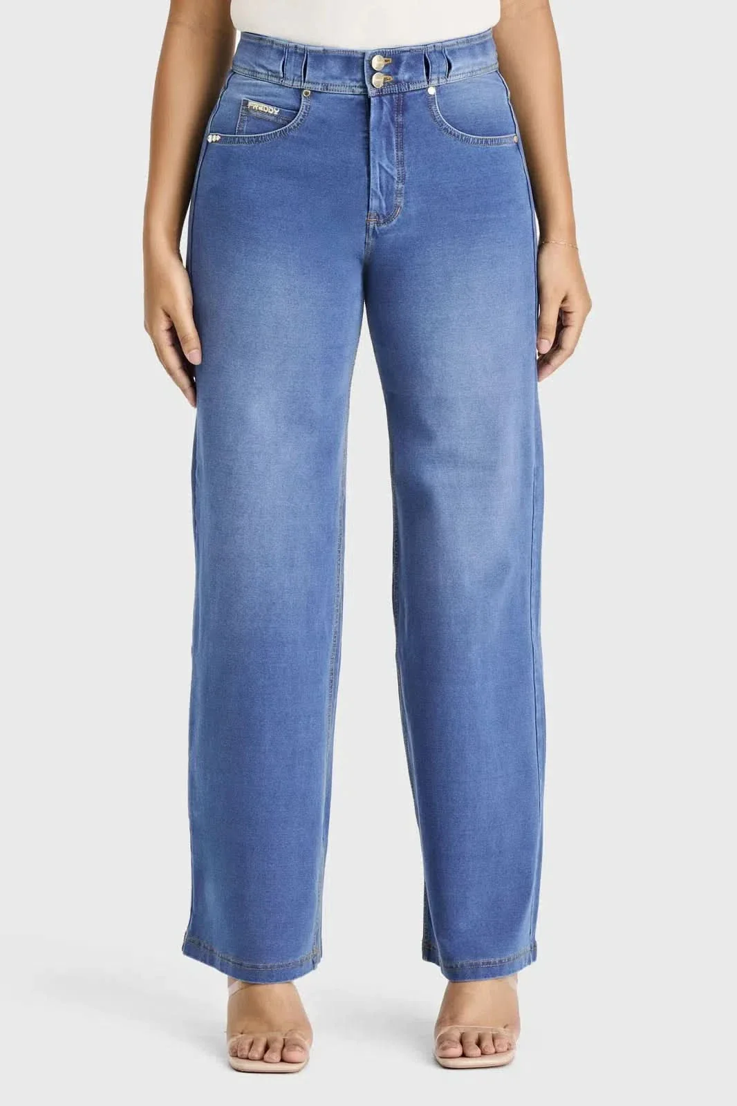 N.O.W® Denim Limited Edition - High Waisted - Wide Leg - Light Blue + Yellow Stitching - Image 6