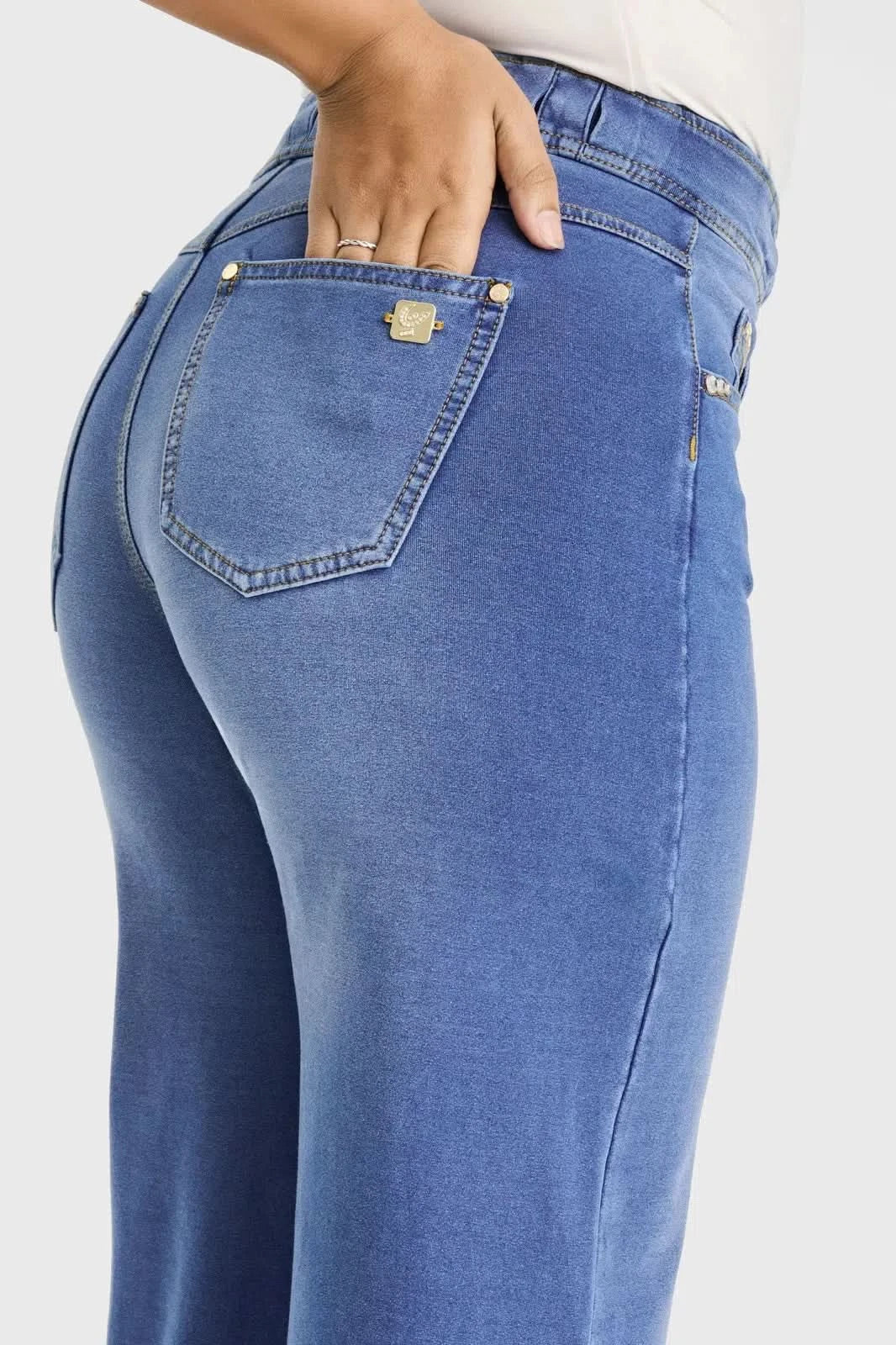 N.O.W® Denim Limited Edition - High Waisted - Wide Leg - Light Blue + Yellow Stitching - Image 8