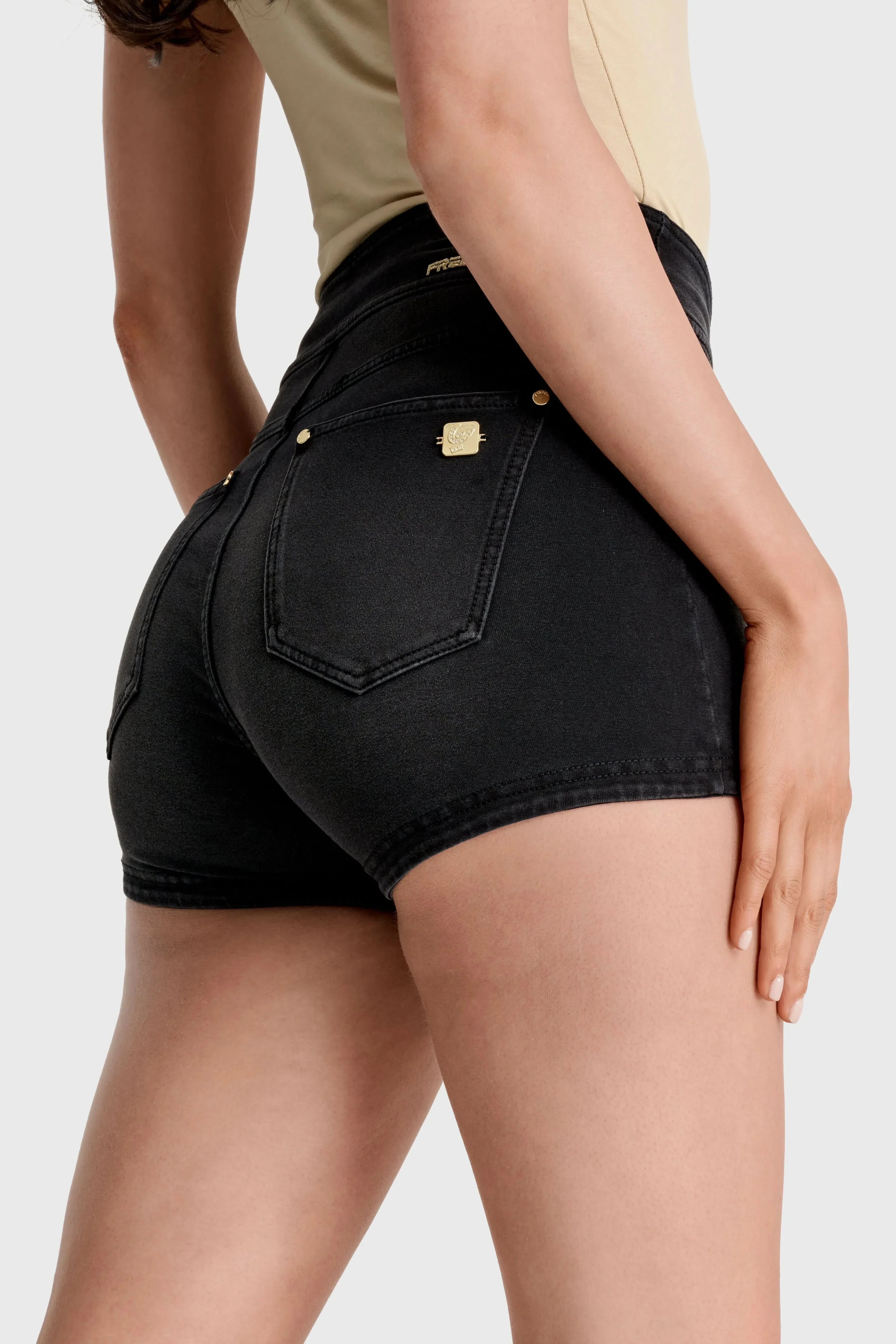 NOW Denim - High Waisted - Shorts - Black + Black Stitching - Image 9