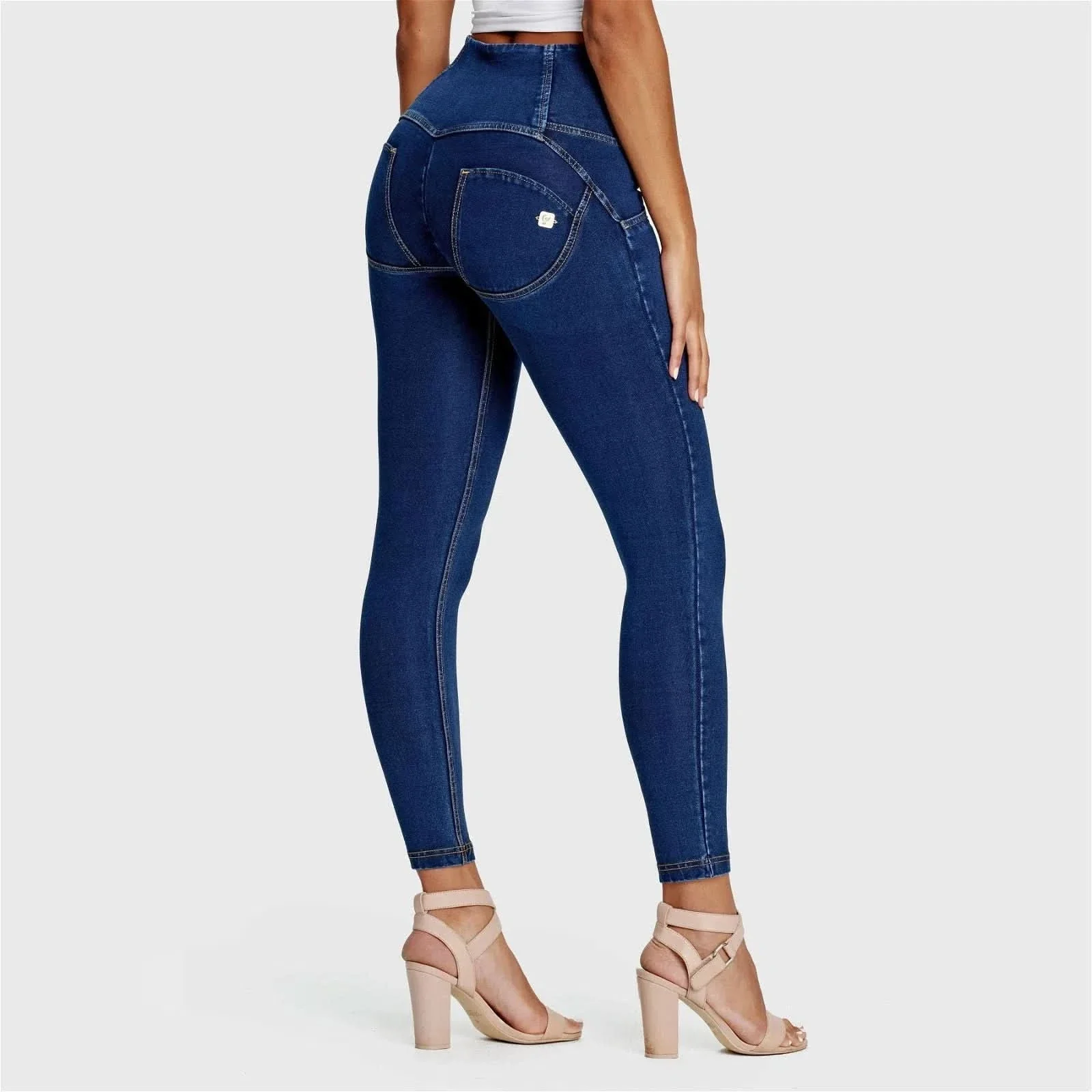 WRUP Denim - 3 Button High Waisted - 7/8 Length - Dark Blue + Yellow Stitching - Image 3