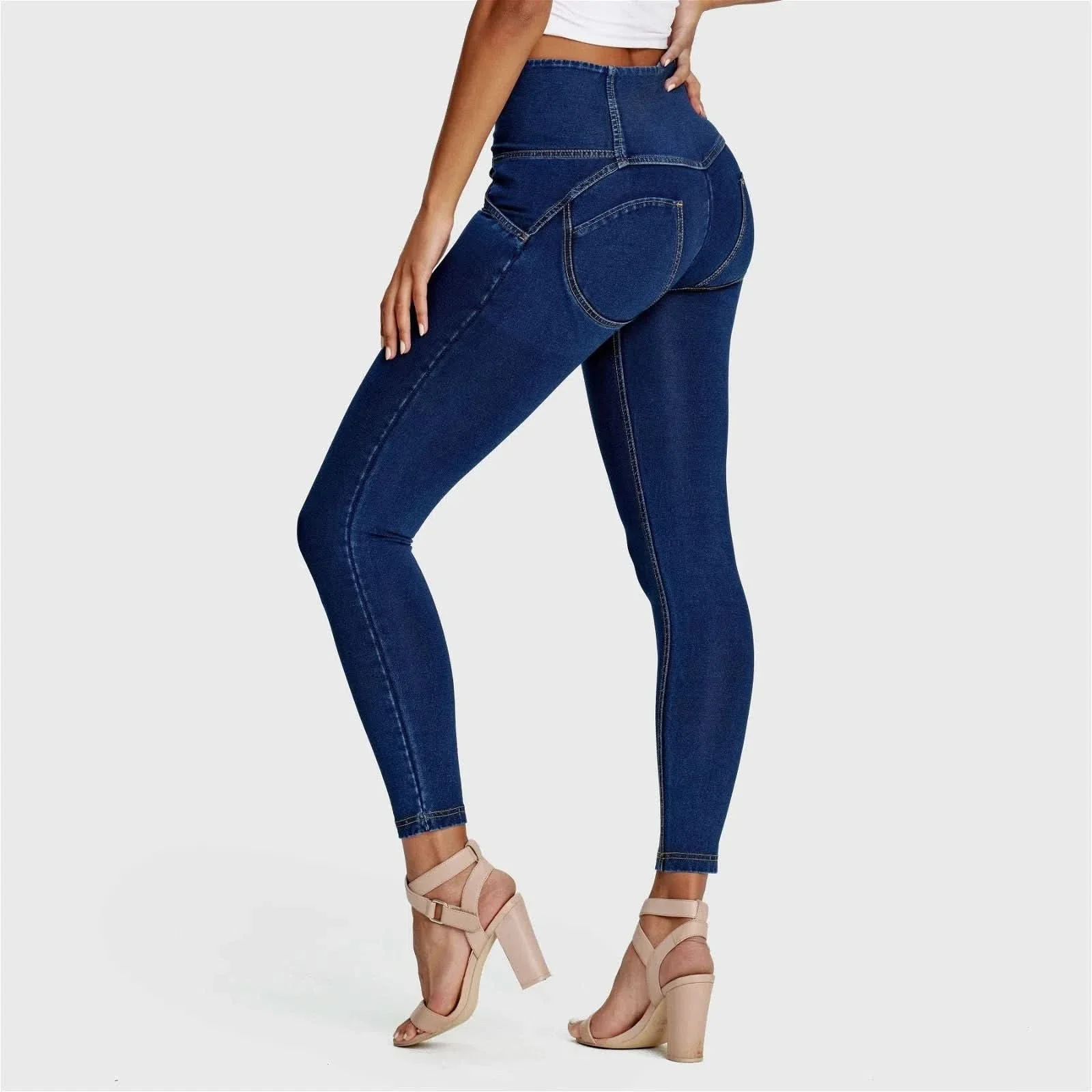 WRUP Denim - 3 Button High Waisted - 7/8 Length - Dark Blue + Yellow Stitching - Image 6