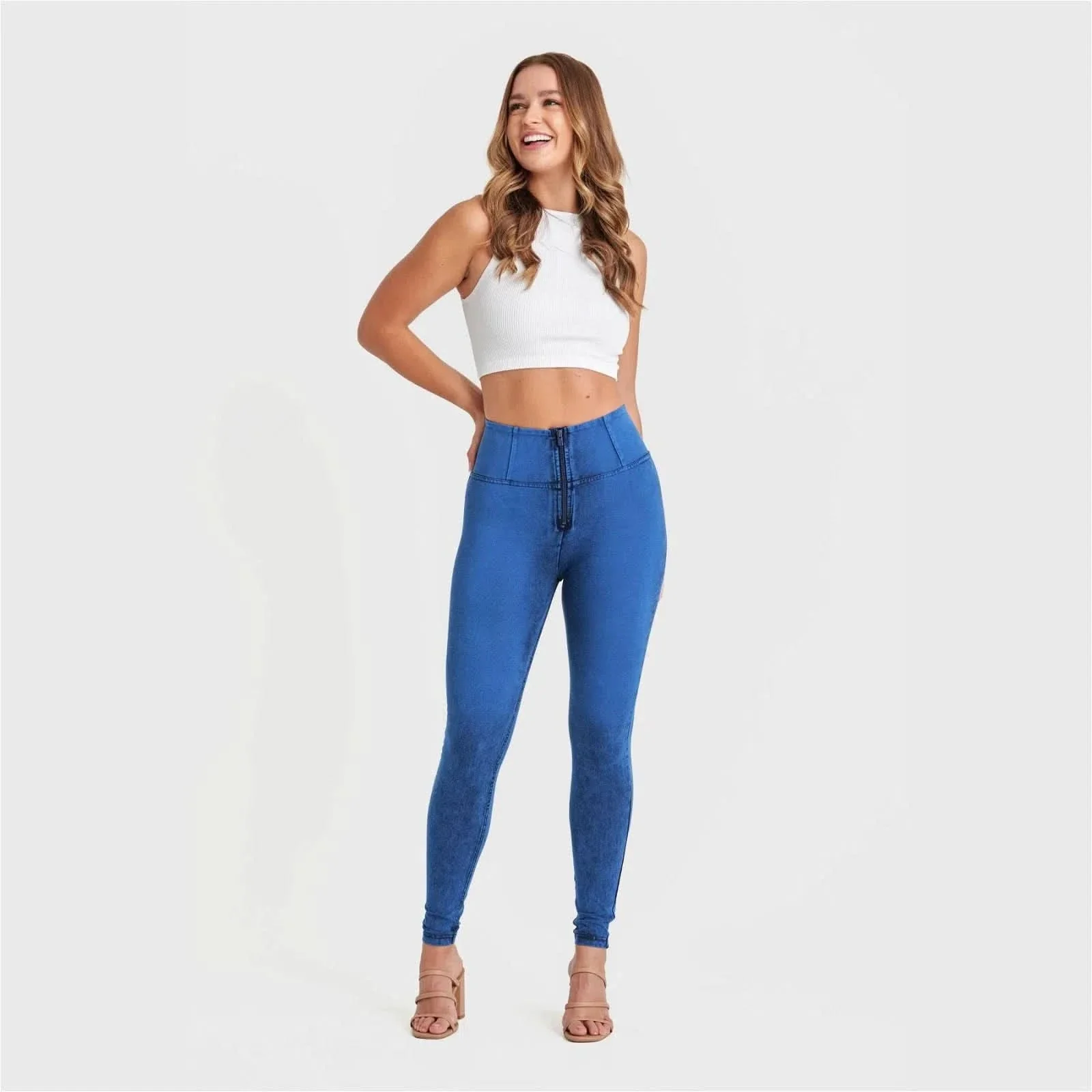 WRUP Denim - High Waisted - Full Length - Cobalt Blue + Blue Stitching - Image 3