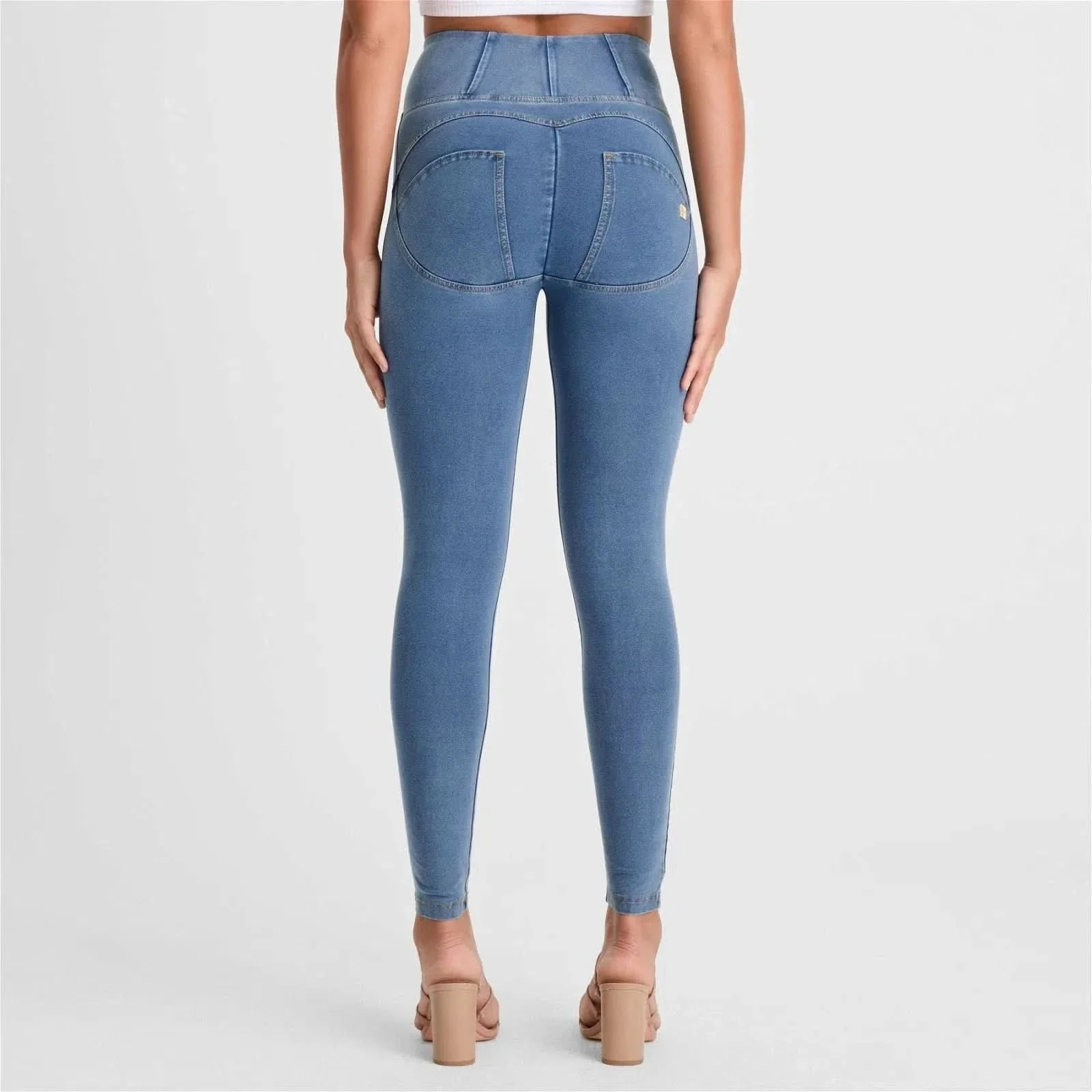 WRUP Denim - High Waisted - Full Length - Light Blue + Yellow Stitching - Image 3