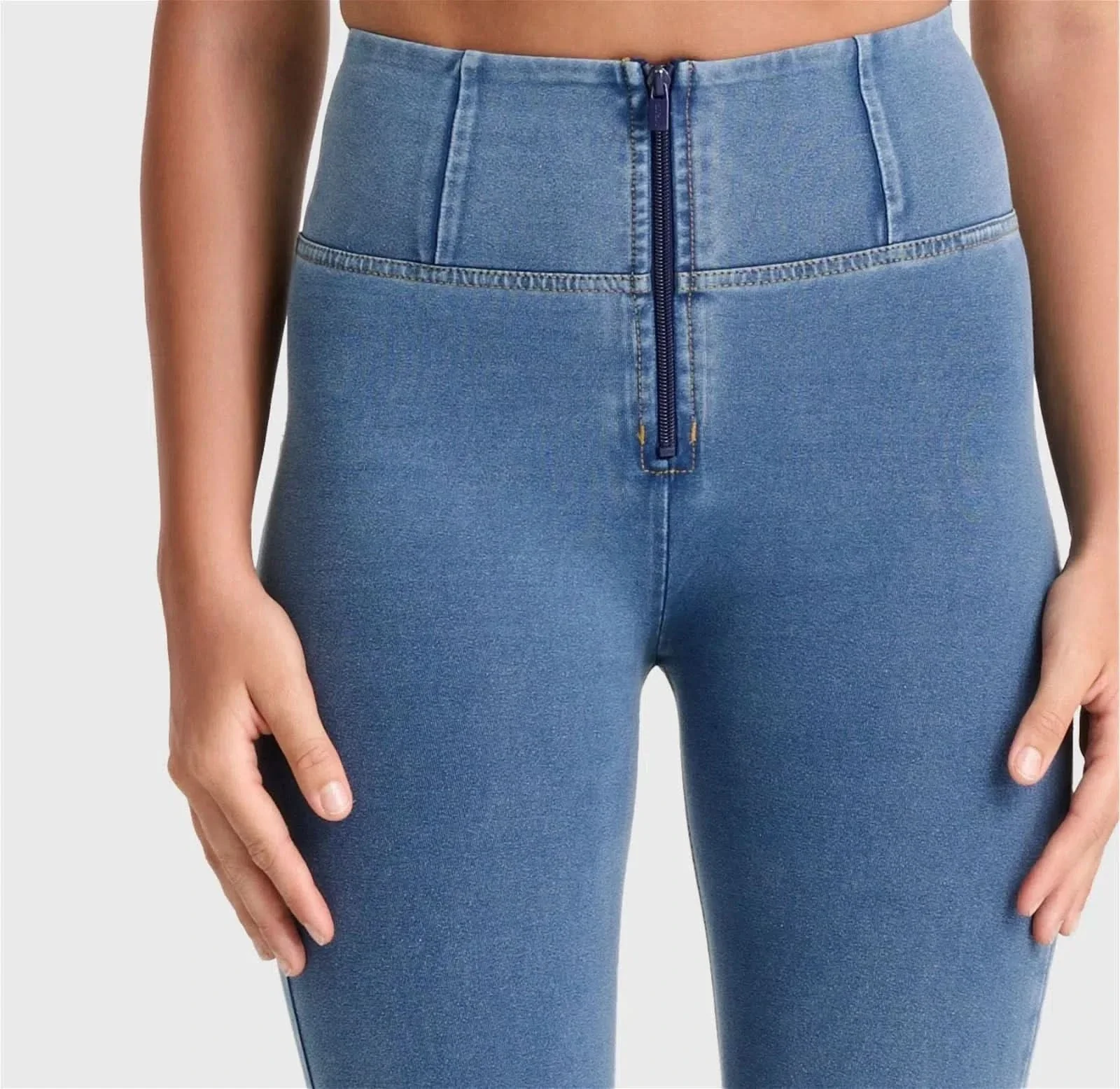 WRUP Denim - High Waisted - Full Length - Light Blue + Yellow Stitching - Image 6