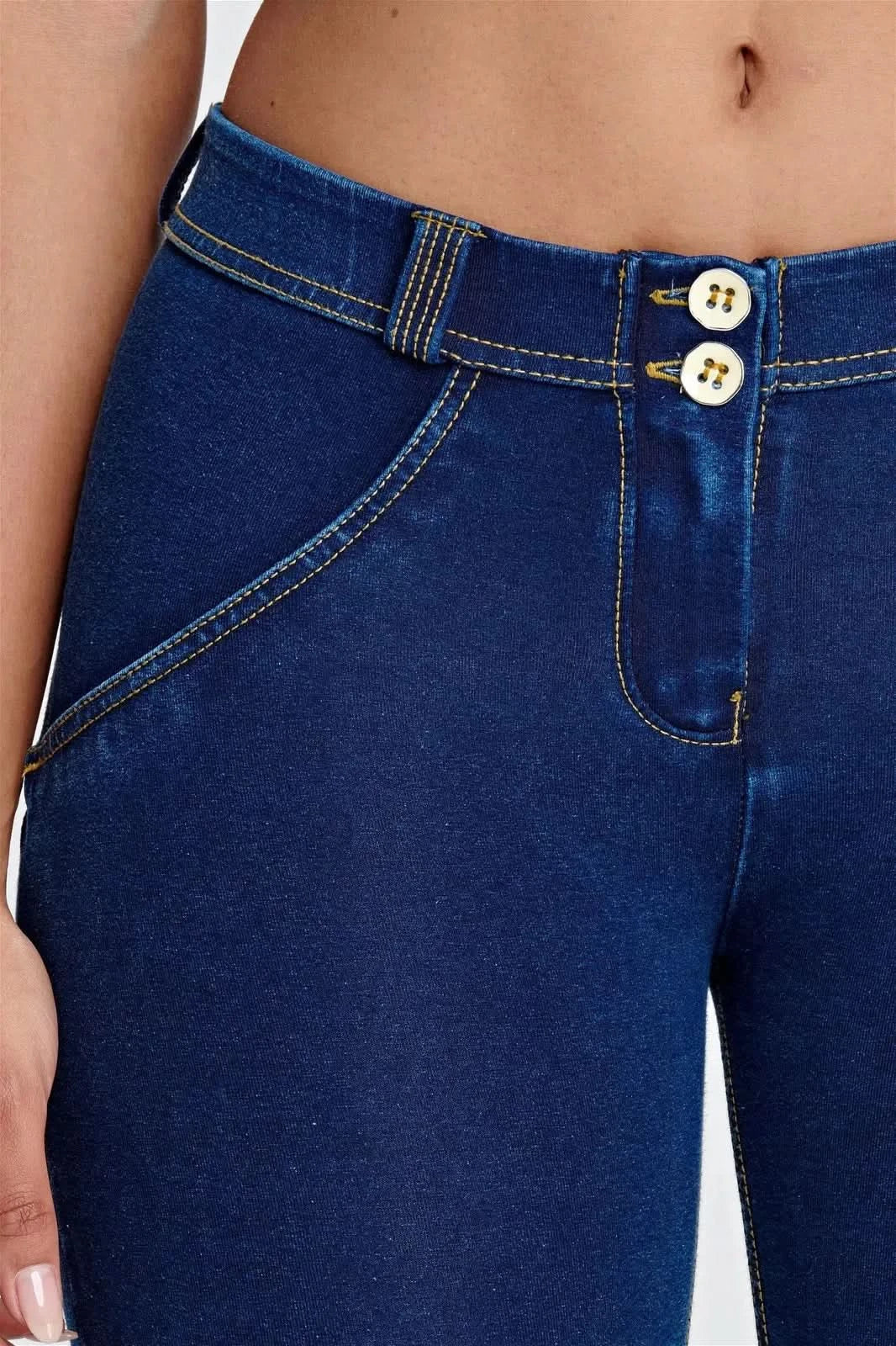WRUP Denim - Mid Rise - 7/8 Length - Dark Blue + Yellow Stitching - Image 13