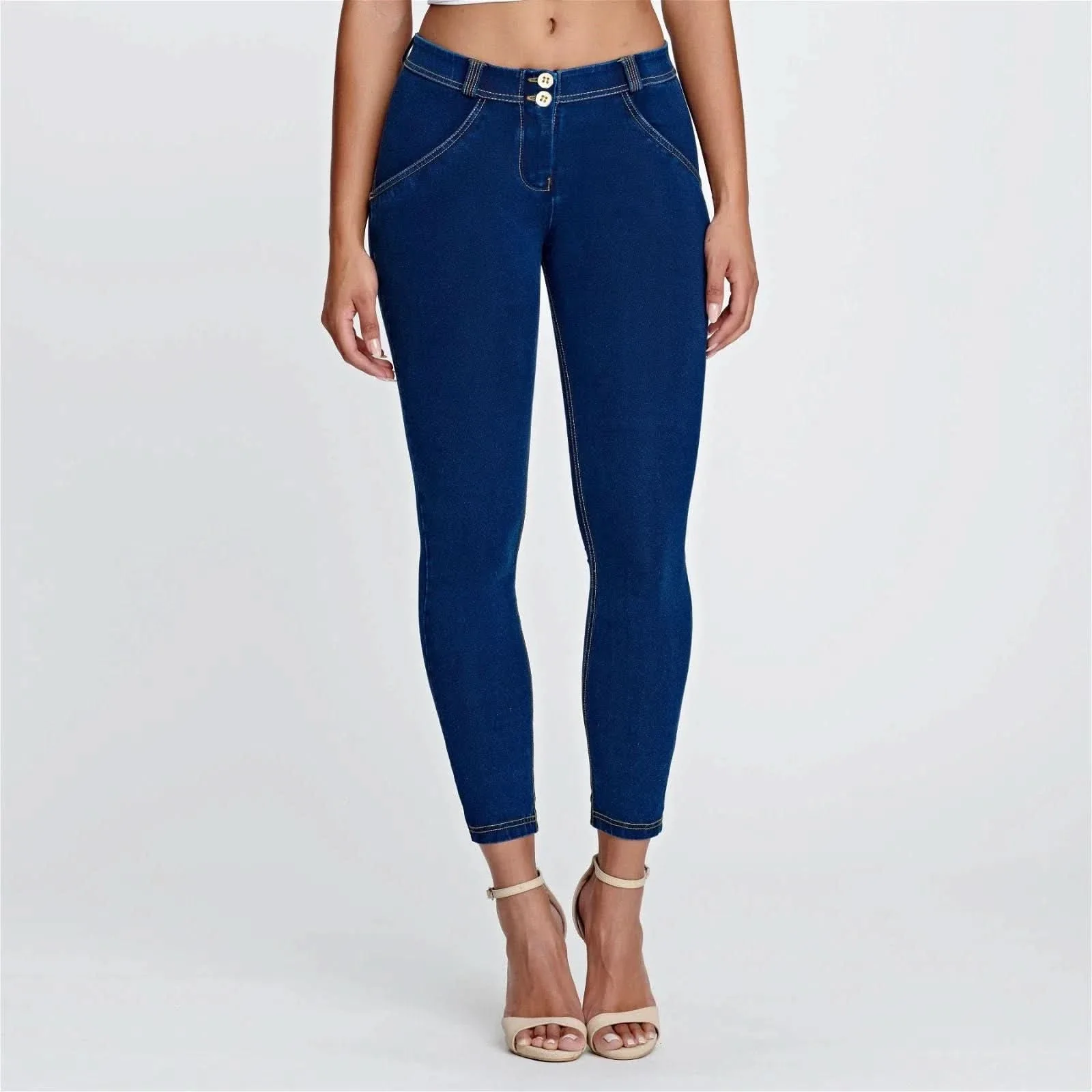 WRUP Denim - Mid Rise - 7/8 Length - Dark Blue + Yellow Stitching - Image 5