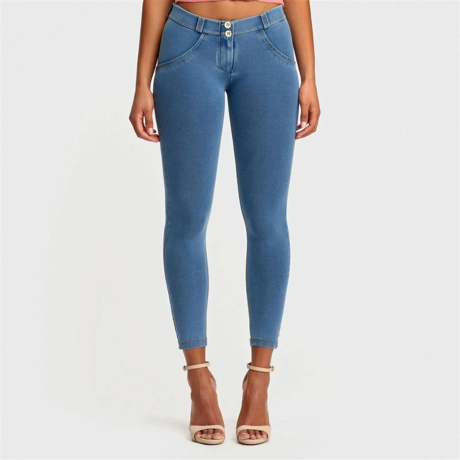 WRUP Denim - Mid Rise - 7/8 Length - Light Blue + Yellow Stitching - Image 4