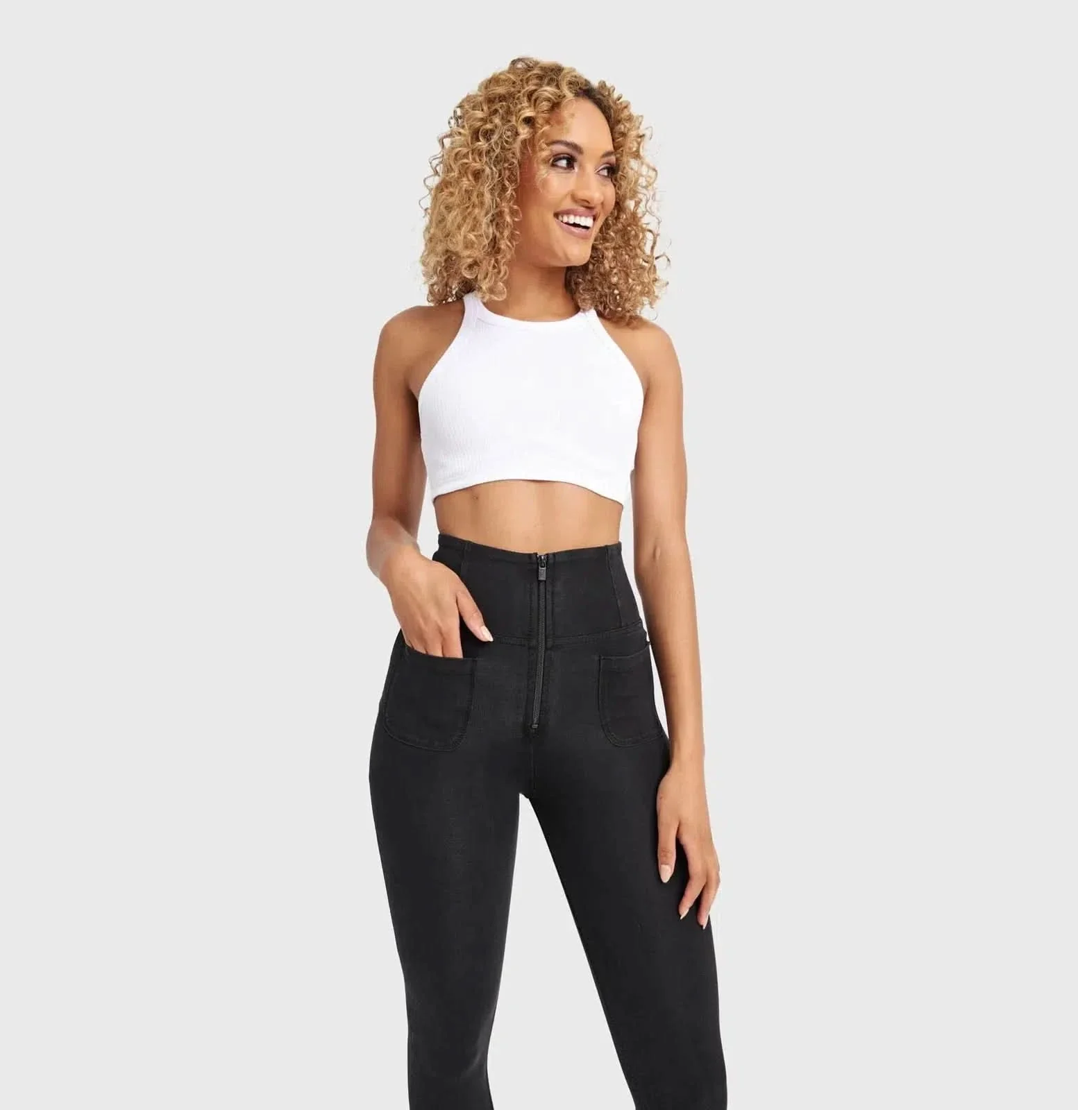 WRUP Denim With Front Pockets - Super High Waisted - 7/8 Length - Black + Black Stitching - Image 4