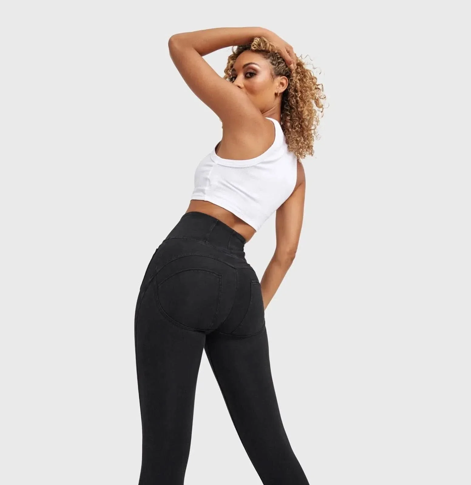 WRUP Denim With Front Pockets - Super High Waisted - 7/8 Length - Black + Black Stitching - Image 6