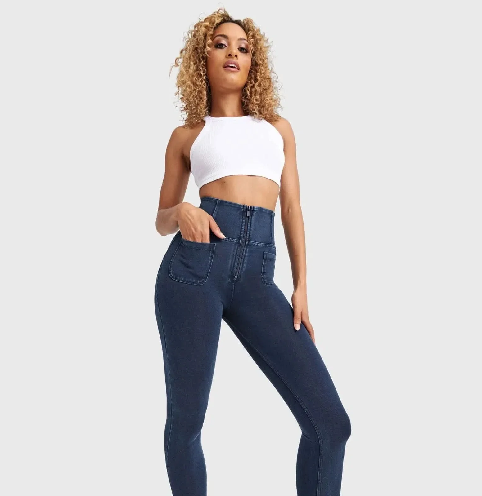 WRUP Denim With Front Pockets - Super High Waisted - 7/8 Length - Dark Blue + Blue Stitching - Image 4