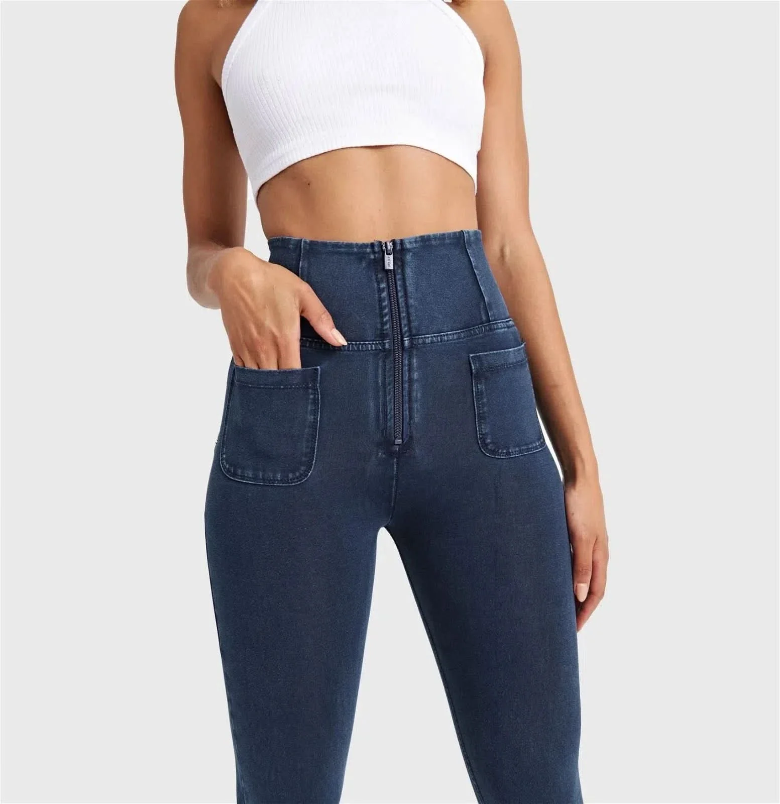 WRUP Denim With Front Pockets - Super High Waisted - 7/8 Length - Dark Blue + Blue Stitching - Image 7