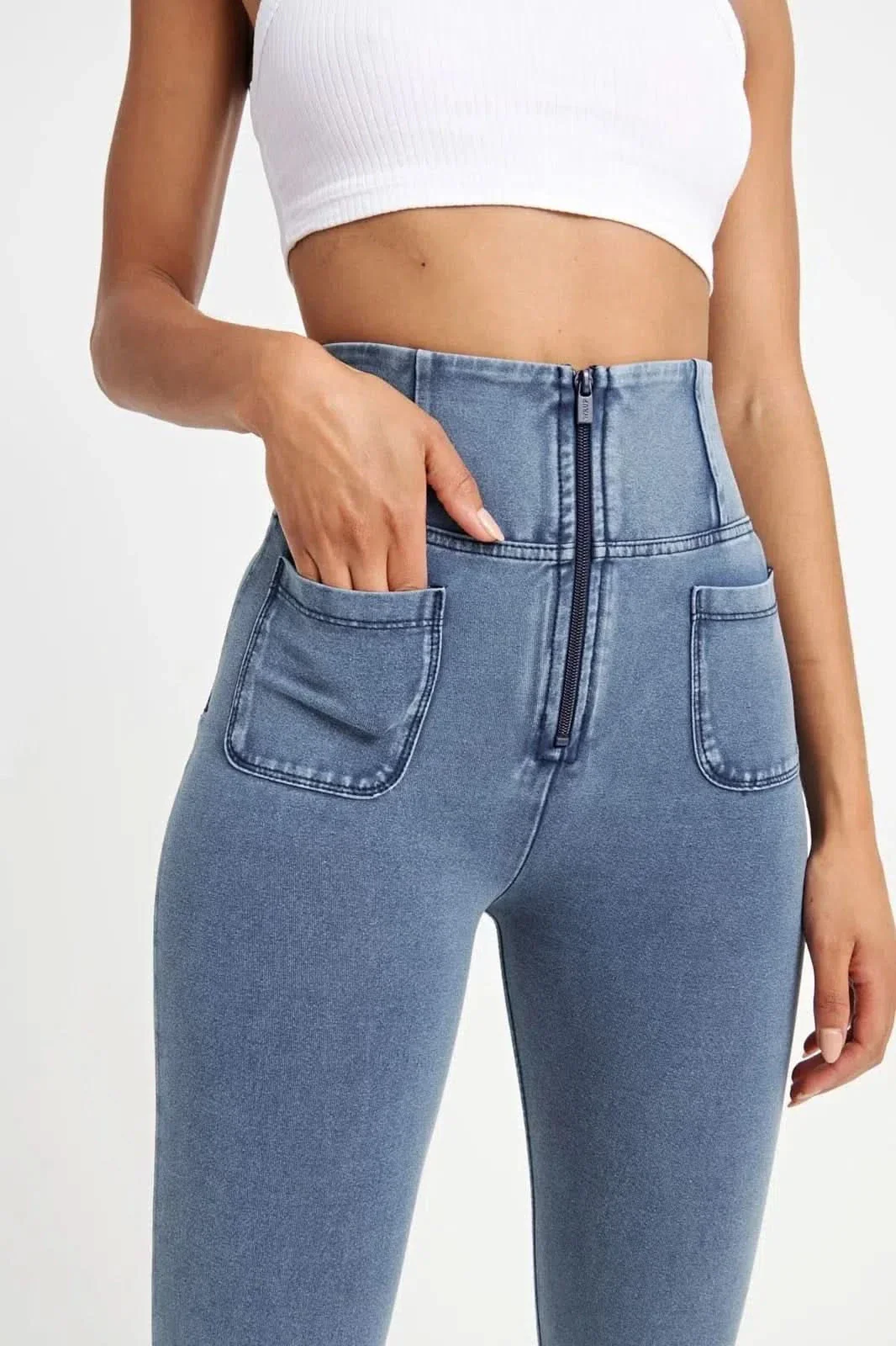 WRUP Denim With Front Pockets - Super High Waisted - 7/8 Length - Light Blue + Blue Stitching - Image 10