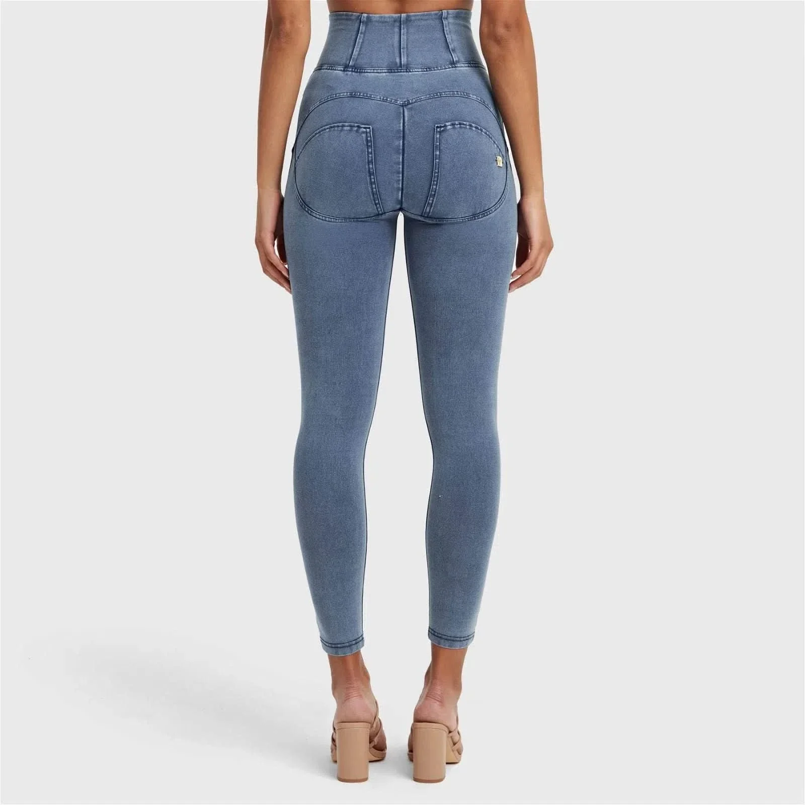 WRUP Denim With Front Pockets - Super High Waisted - 7/8 Length - Light Blue + Blue Stitching - Image 9