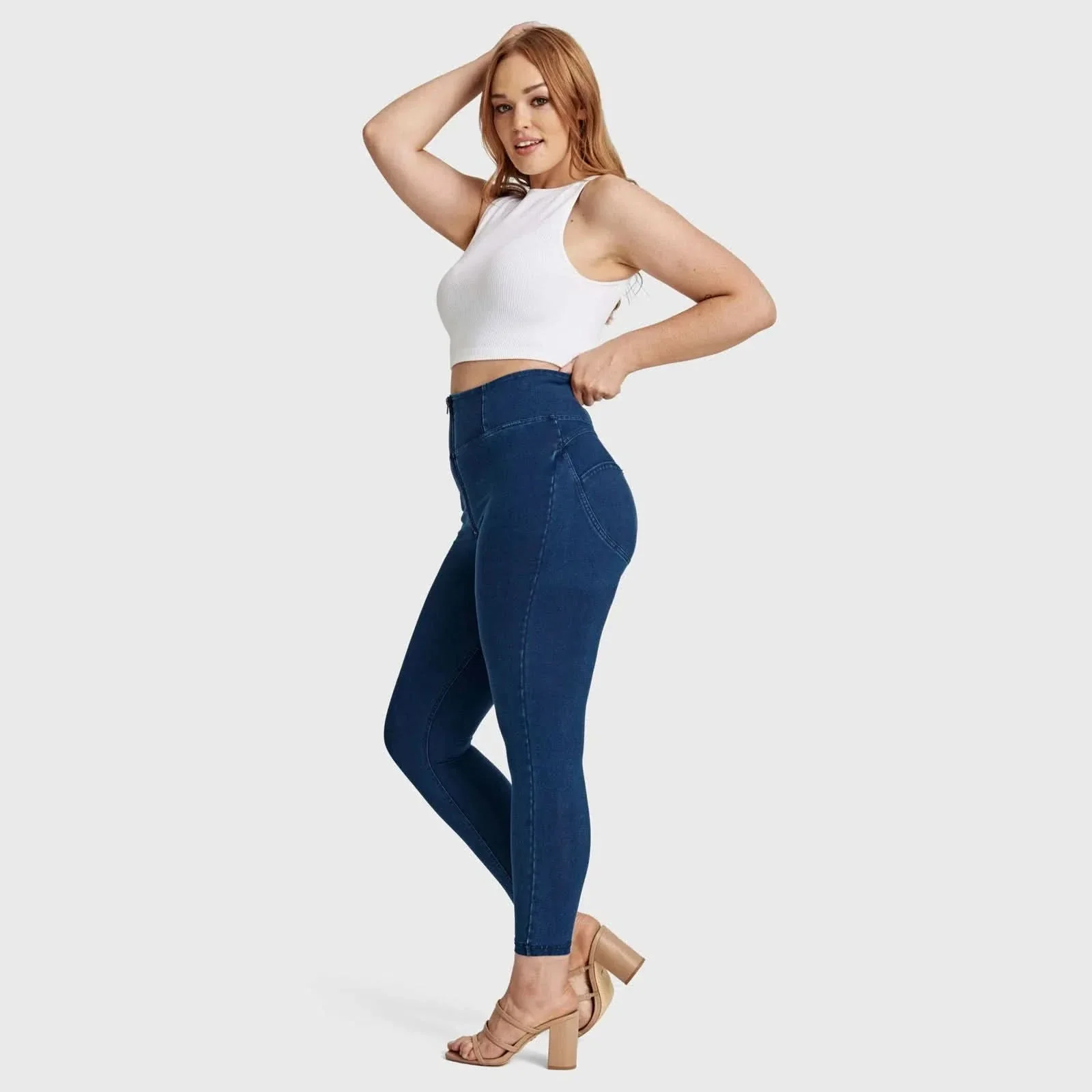 WRUP Curvy Denim - Zip High Waisted - 7/8 Length - Dark Blue + Blue Stitching - Image 5