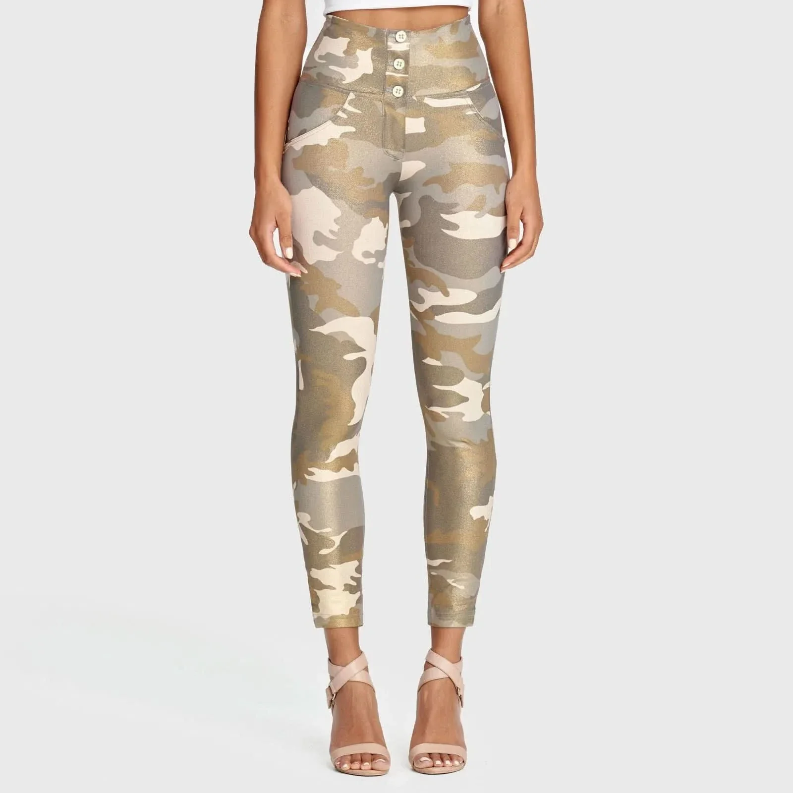WRUP Fashion 3 Button - High Waisted - 7/8 Length - Glitter Gold Camo - Image 7