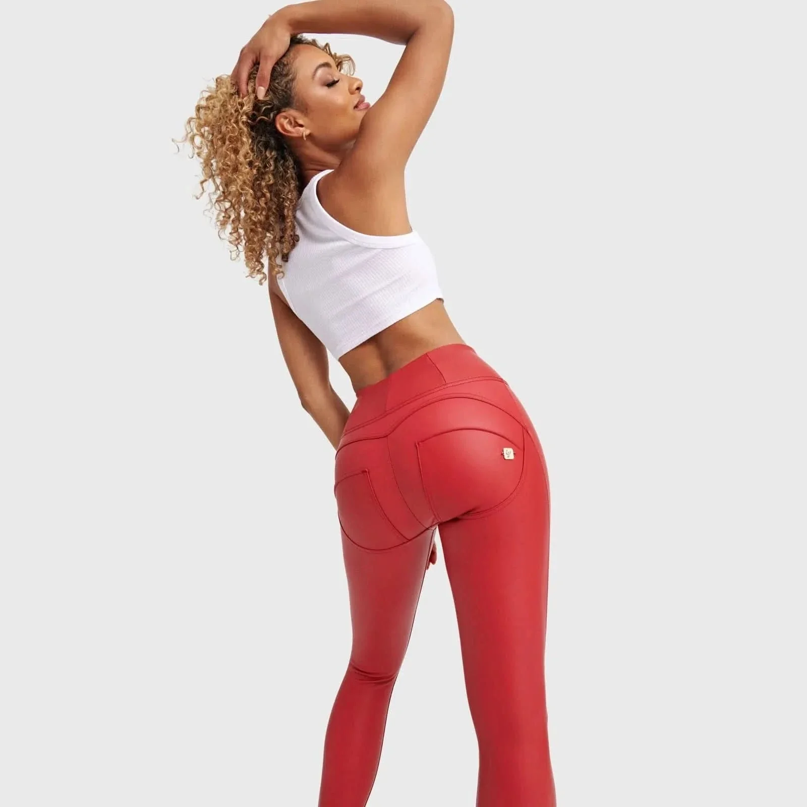 WRUP Faux Leather - High Waisted - 7/8 Length - Red - Image 4