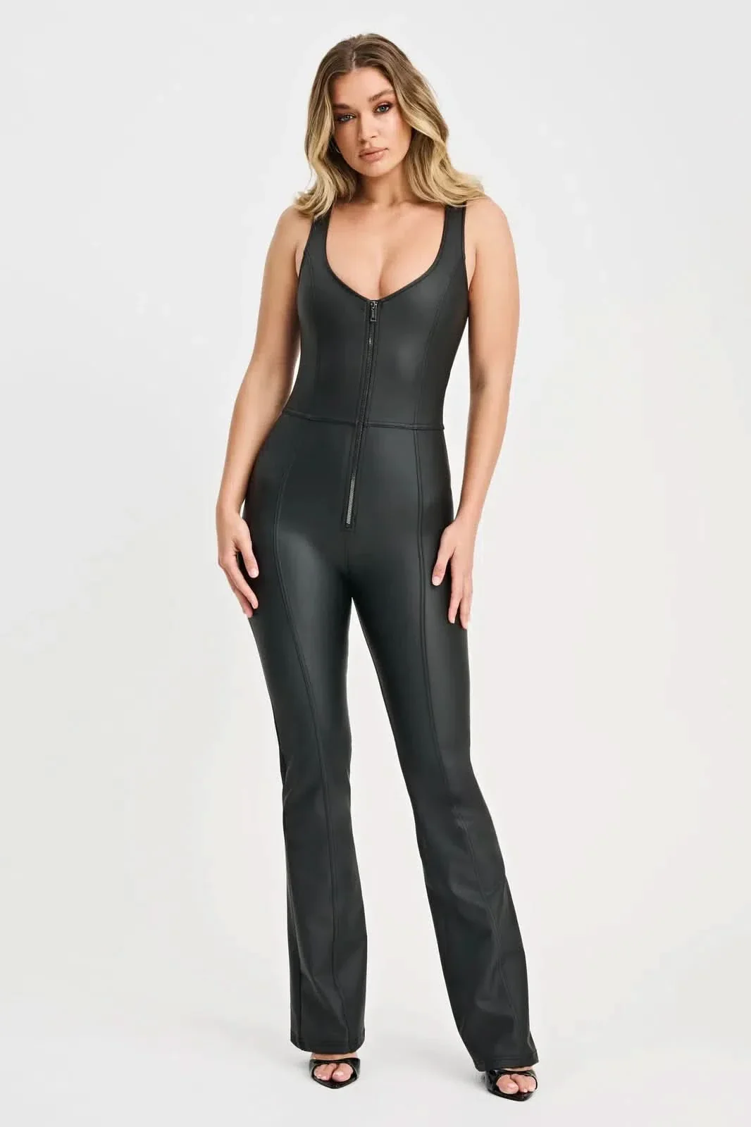 WRUP Faux Leather Jumpsuit - High Waisted - Flare - Black - Image 4
