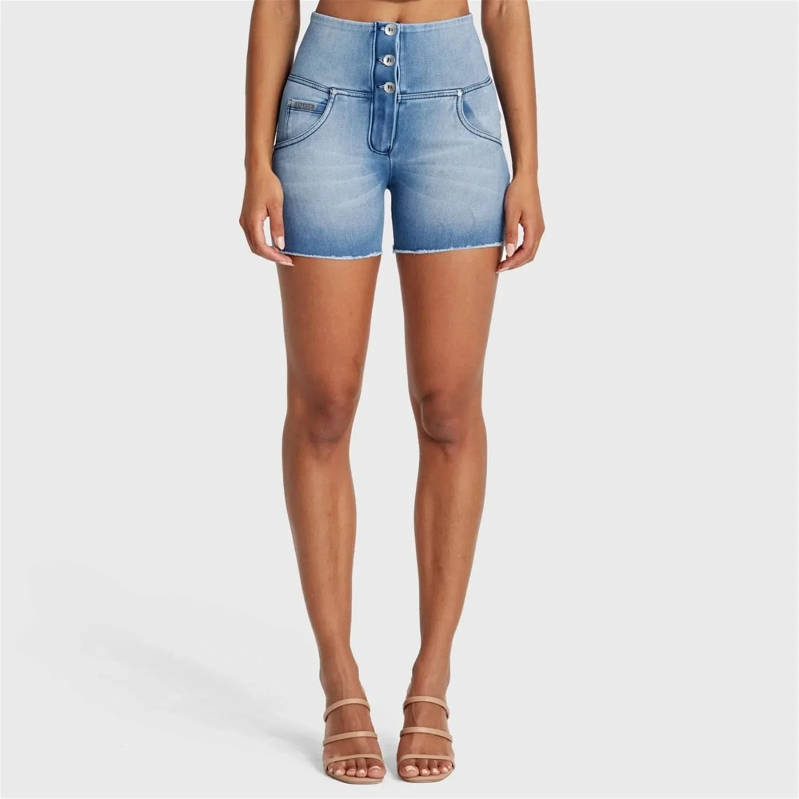 WRUP SNUG Jeans - 3 Button High Waisted - Shorts - Light Blue + Blue Stitching - Image 10