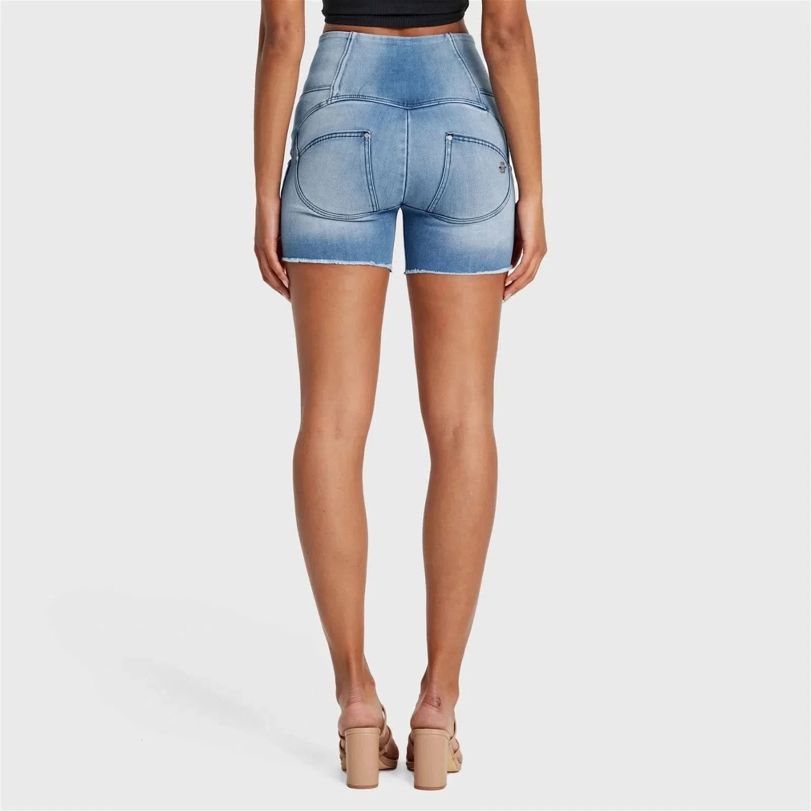 WRUP SNUG Jeans - 3 Button High Waisted - Shorts - Light Blue + Blue Stitching - Image 11