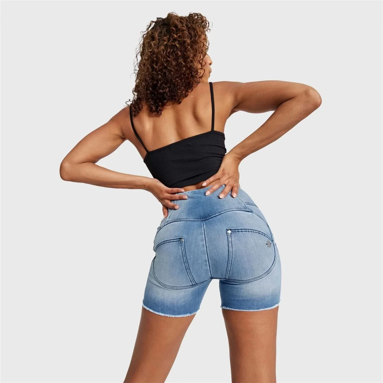 WRUP SNUG Jeans - 3 Button High Waisted - Shorts - Light Blue + Blue Stitching - Image 4