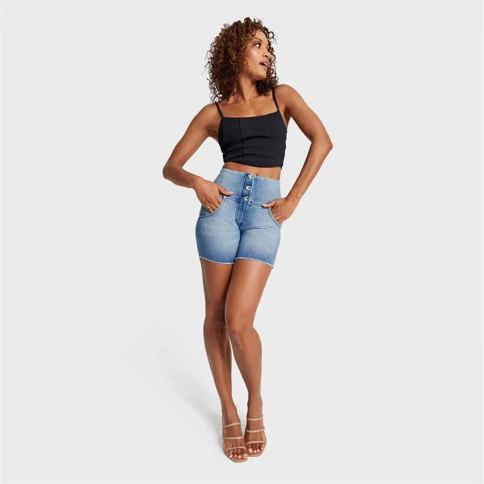 WRUP SNUG Jeans - 3 Button High Waisted - Shorts - Light Blue + Blue Stitching - Image 5