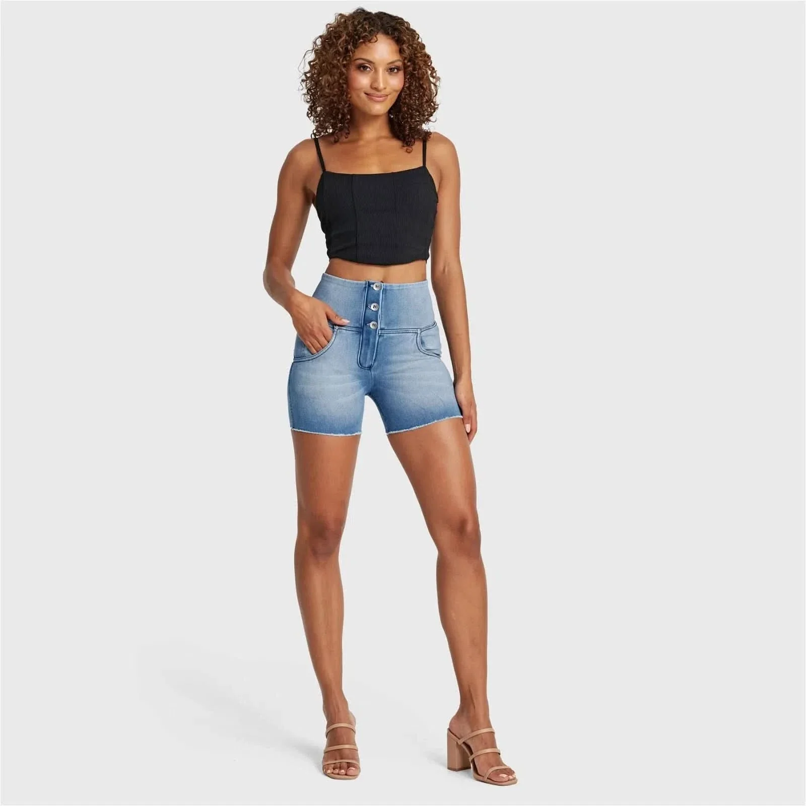 WRUP SNUG Jeans - 3 Button High Waisted - Shorts - Light Blue + Blue Stitching - Image 6