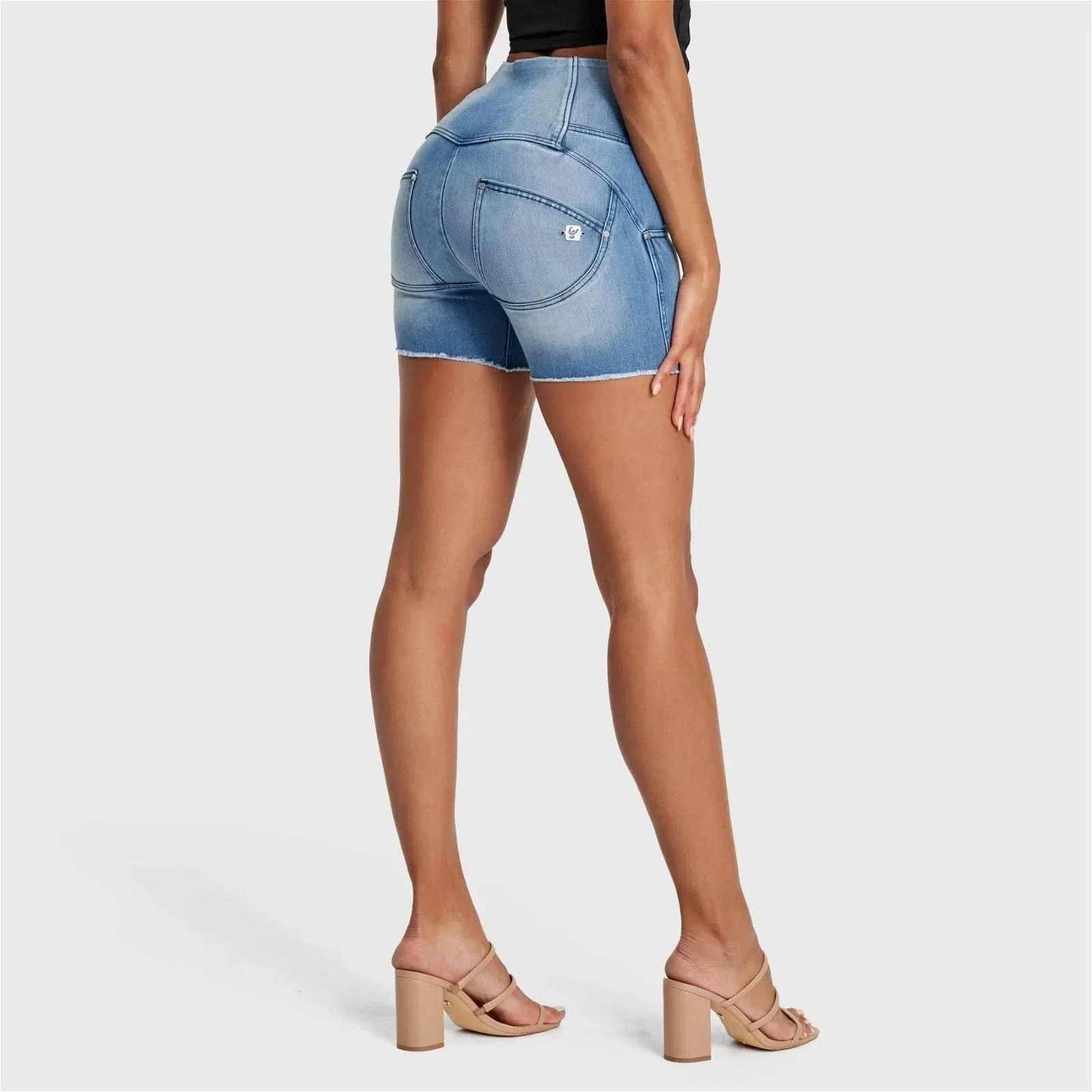 WRUP SNUG Jeans - 3 Button High Waisted - Shorts - Light Blue + Blue Stitching - Image 9