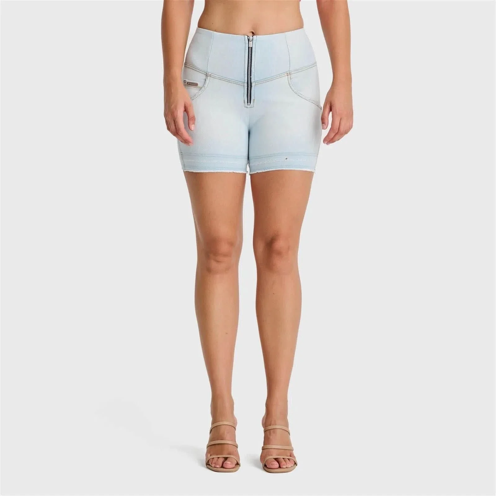 WRUP SNUG Jeans - High Waisted - Shorts - Baby Blue + Yellow Stitching - Image 5