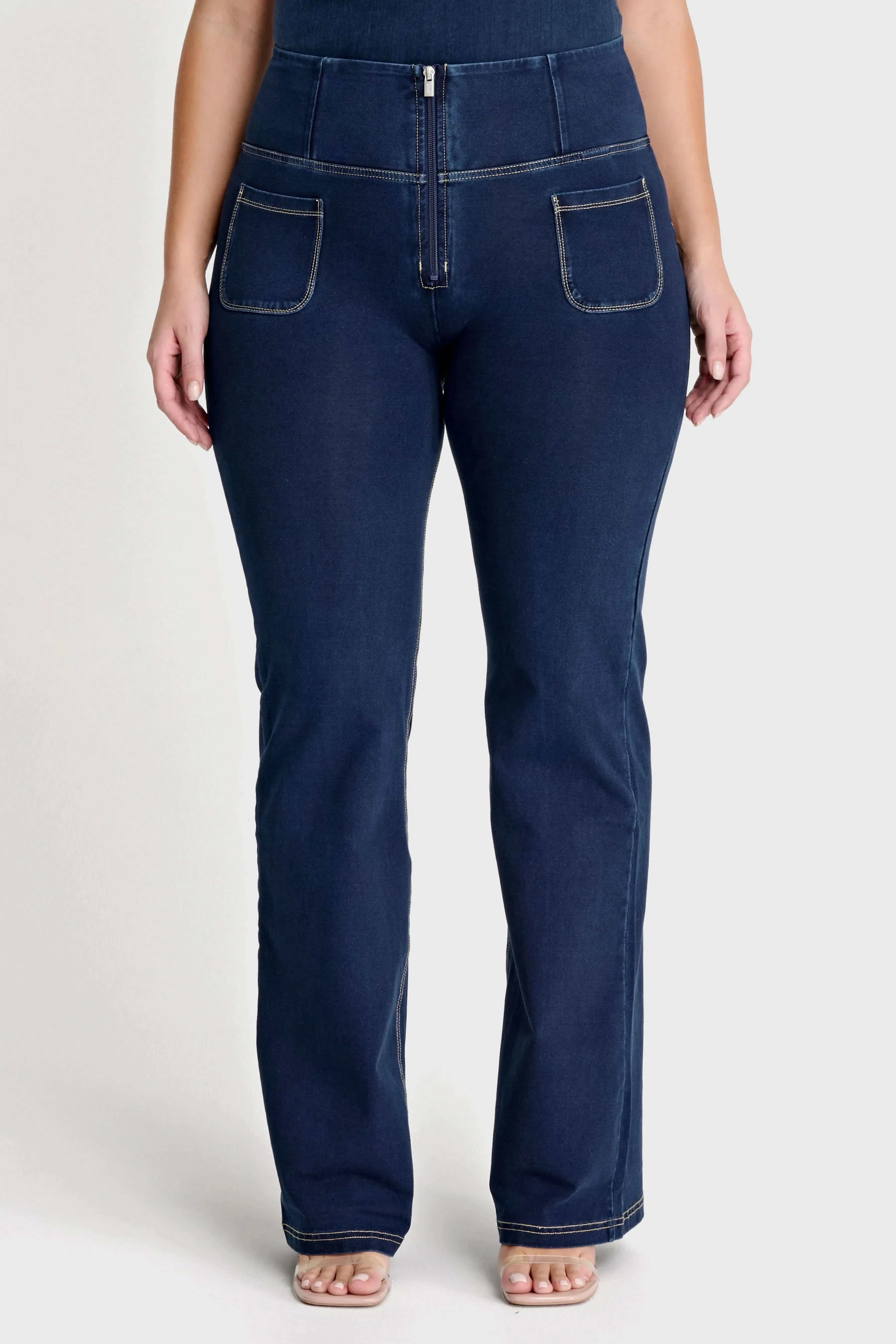 WRUP Denim with Front Pockets - Super High Waisted - Flare - Dark Blue + Beige Stitching - Image 3