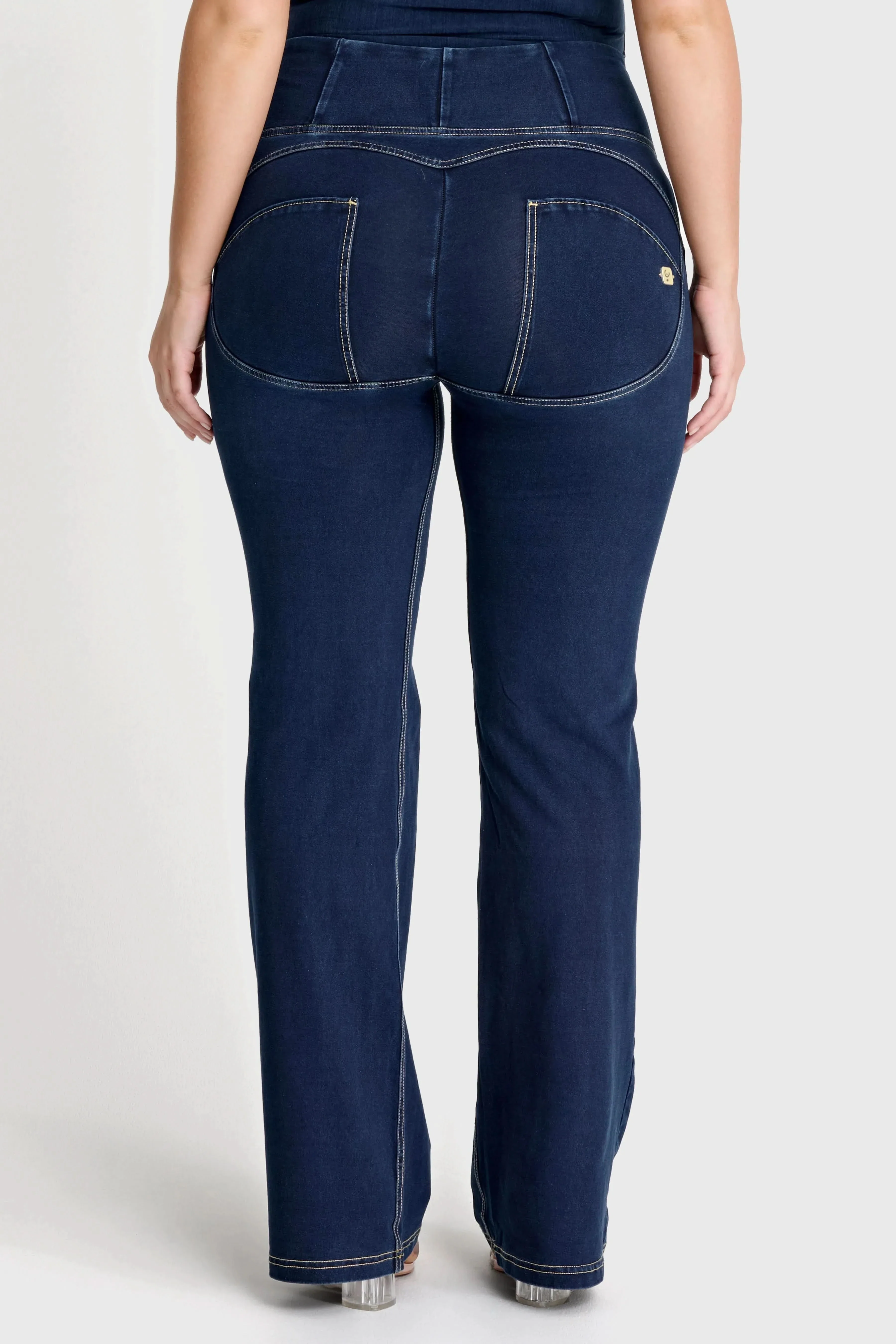 WRUP Denim with Front Pockets - Super High Waisted - Flare - Dark Blue + Beige Stitching - Image 5