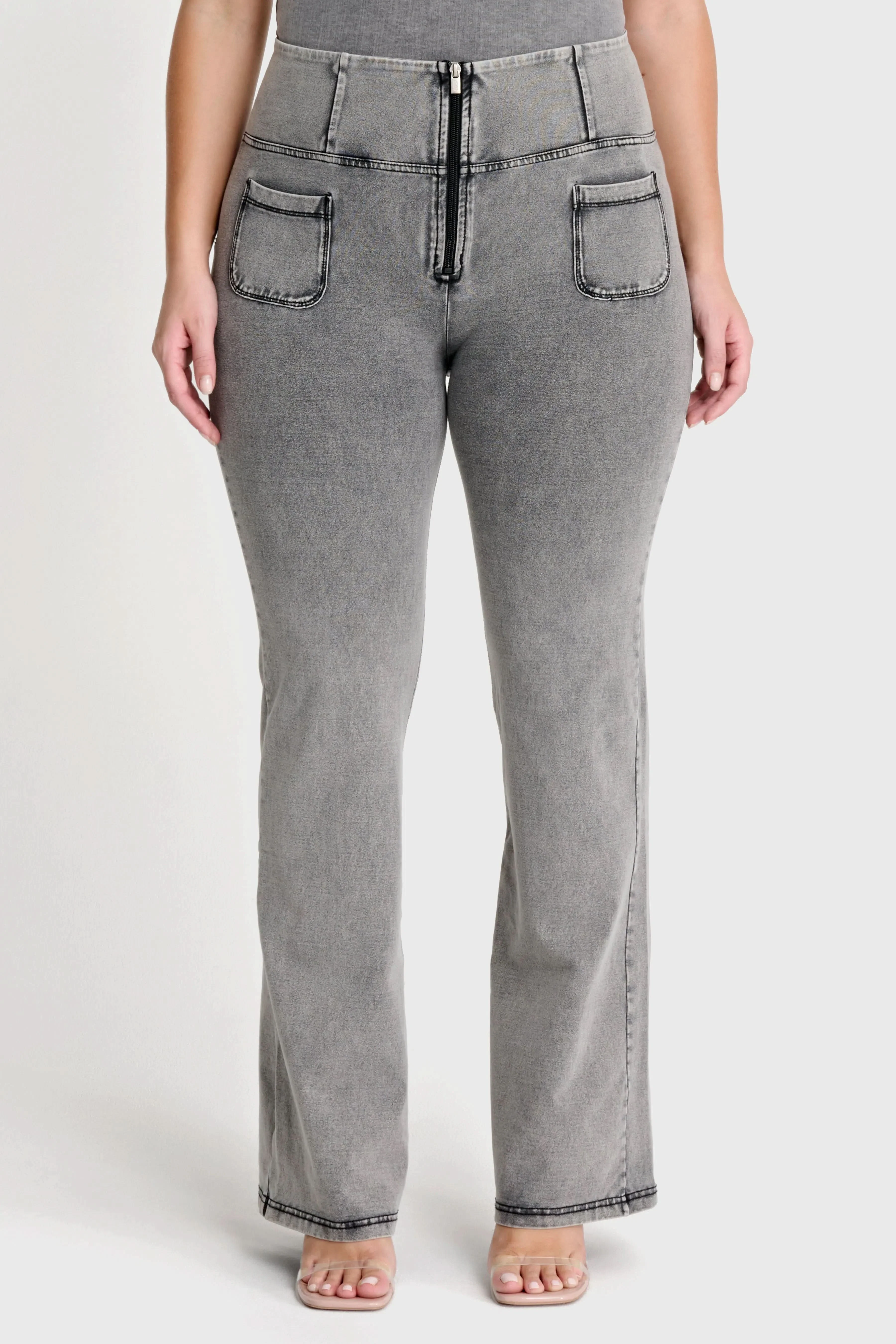 WRUP Denim with Front Pockets - Super High Waisted - Flare - Grey + Black Stitching - Image 5