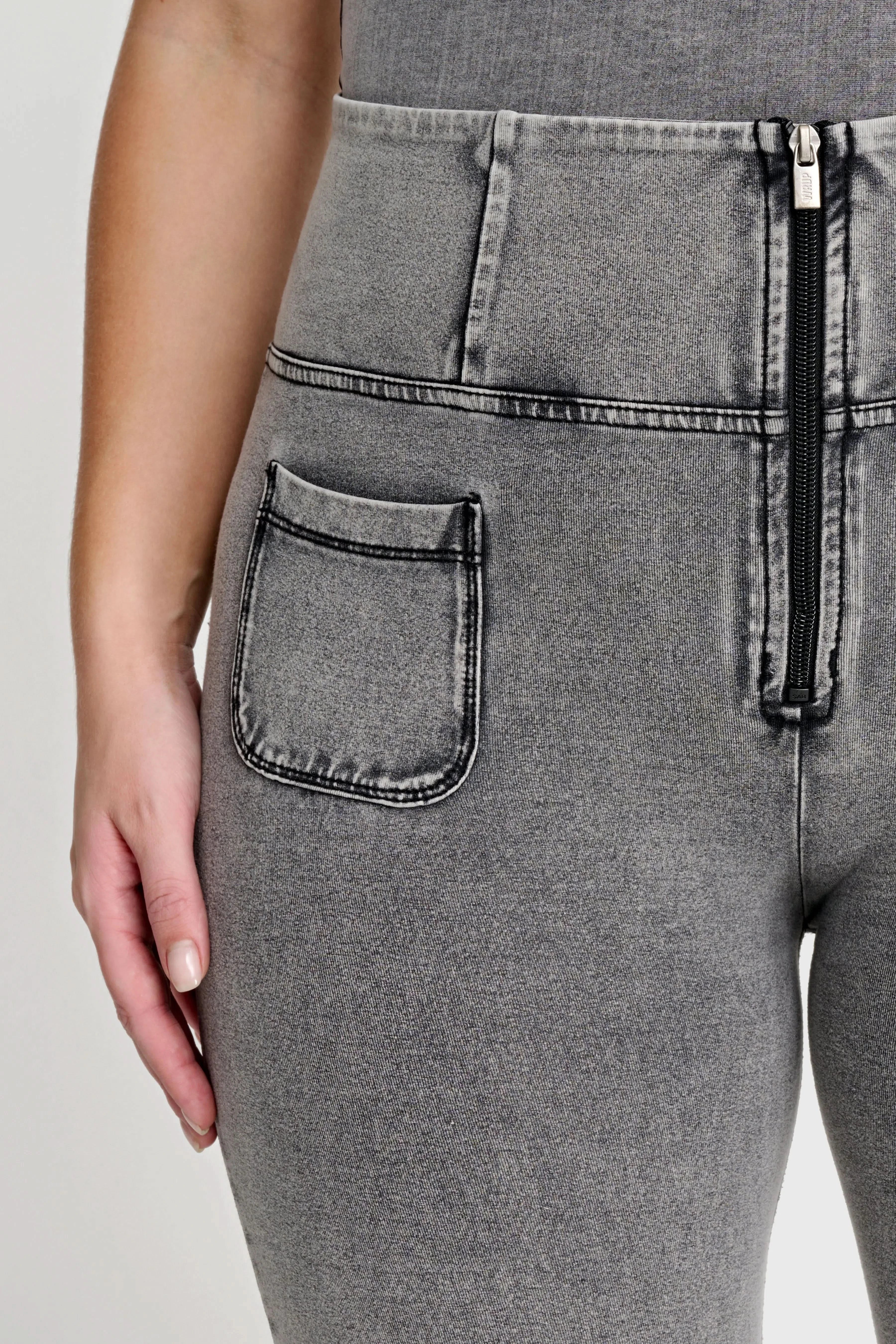 WRUP Denim with Front Pockets - Super High Waisted - Flare - Grey + Black Stitching - Image 7